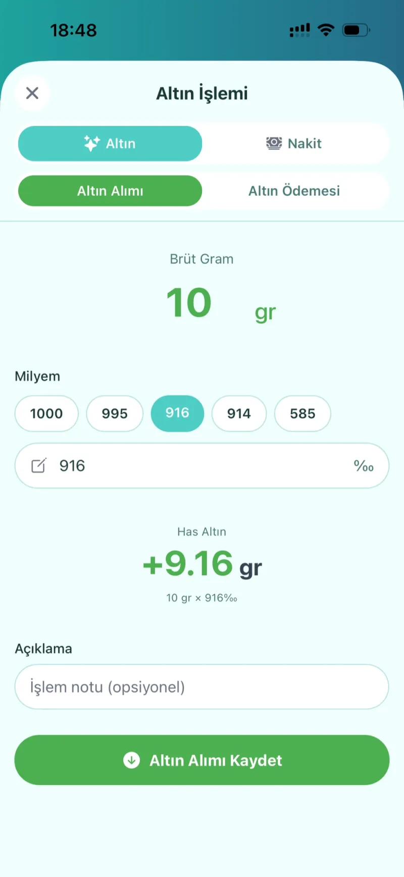 Dezy altın işlem detay ekranı — TL ve has gram özeti