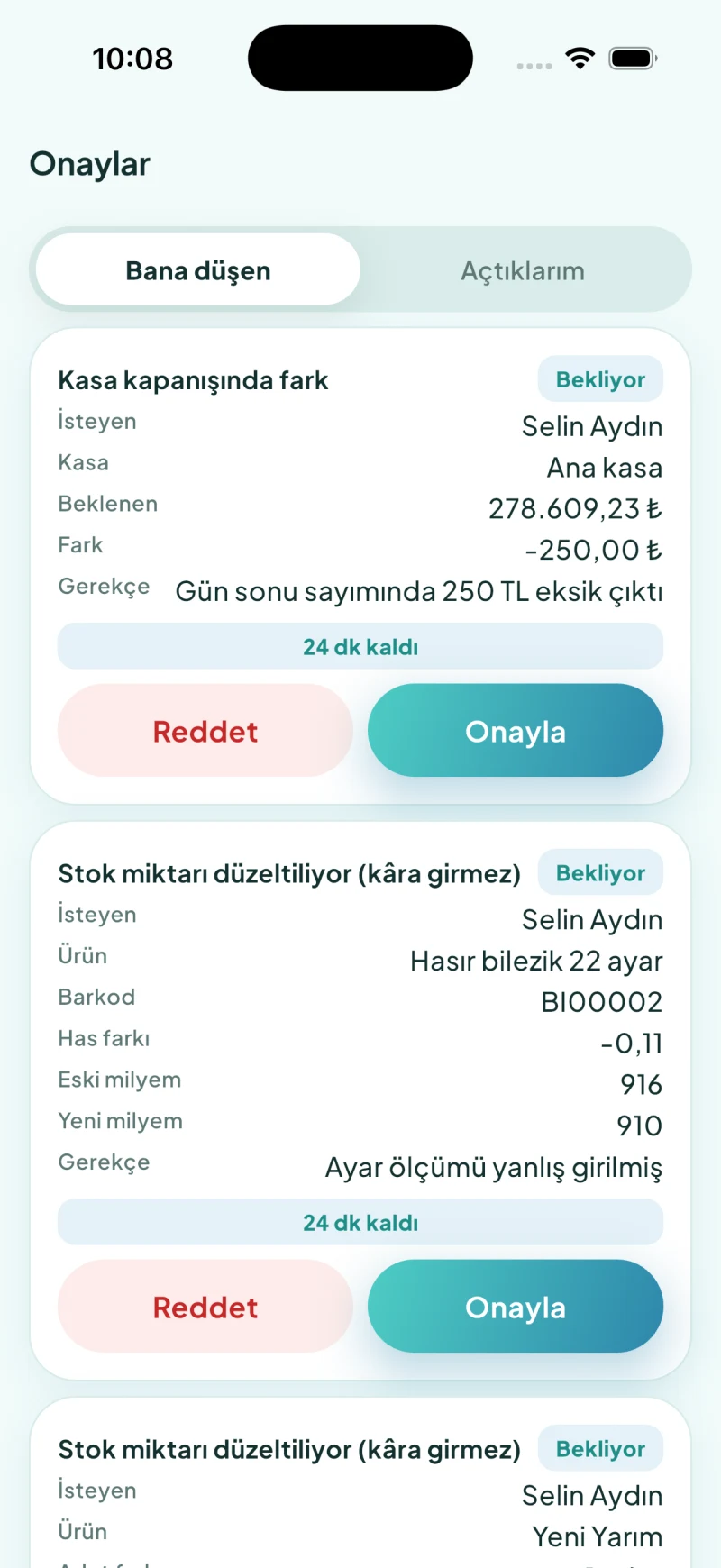 Dezy mobil uygulamasında patron onayı: kasa farkı ve stok düzeltme istekleri telefona düşmüş