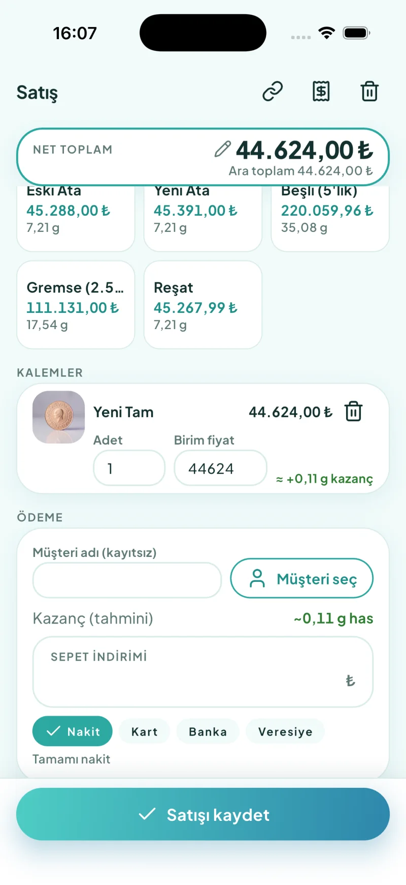 Dezy mobil uygulamasında satış ekranı: sepete eklenen ürün ve canlı altın fiyatı