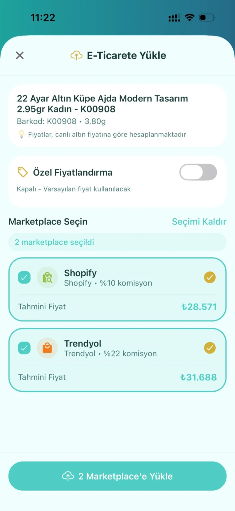 Dezy pazaryeri entegrasyonu ekranı — Trendyol ve Shopify ürün senkronizasyonu (demo hesap)