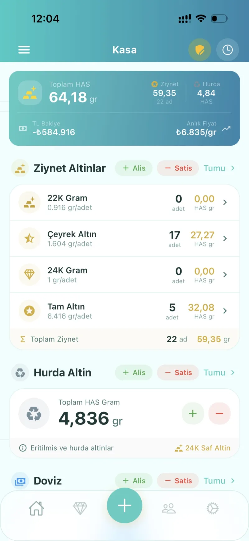 Dezy kuyumcu kasa ana ekranı — has altın bakiyesi ve nakit