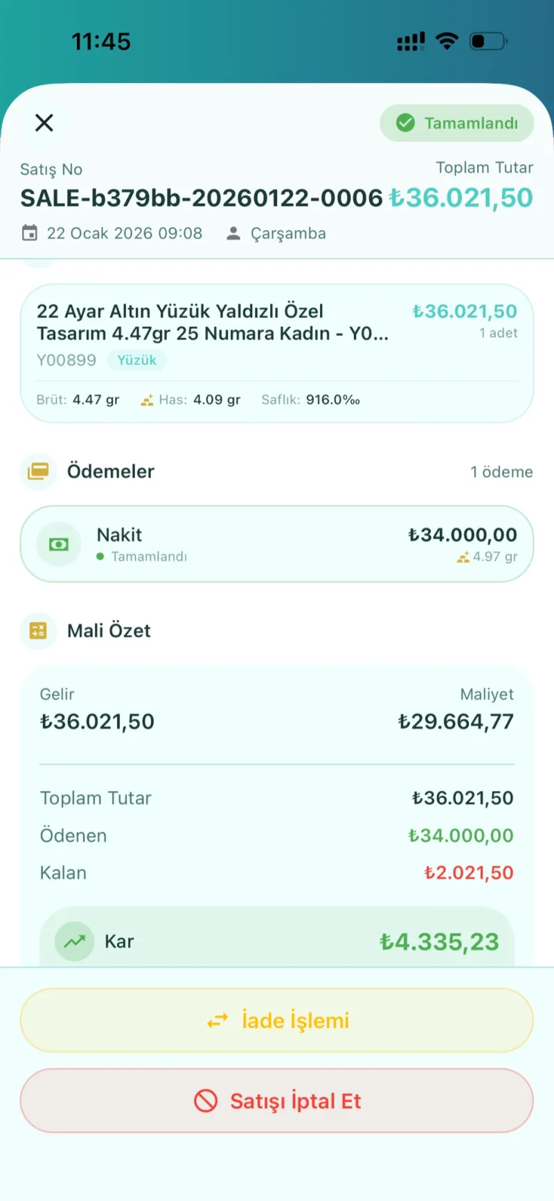 Dezy kuyumcu POS satış detayı ve has altın hesabı ekranı