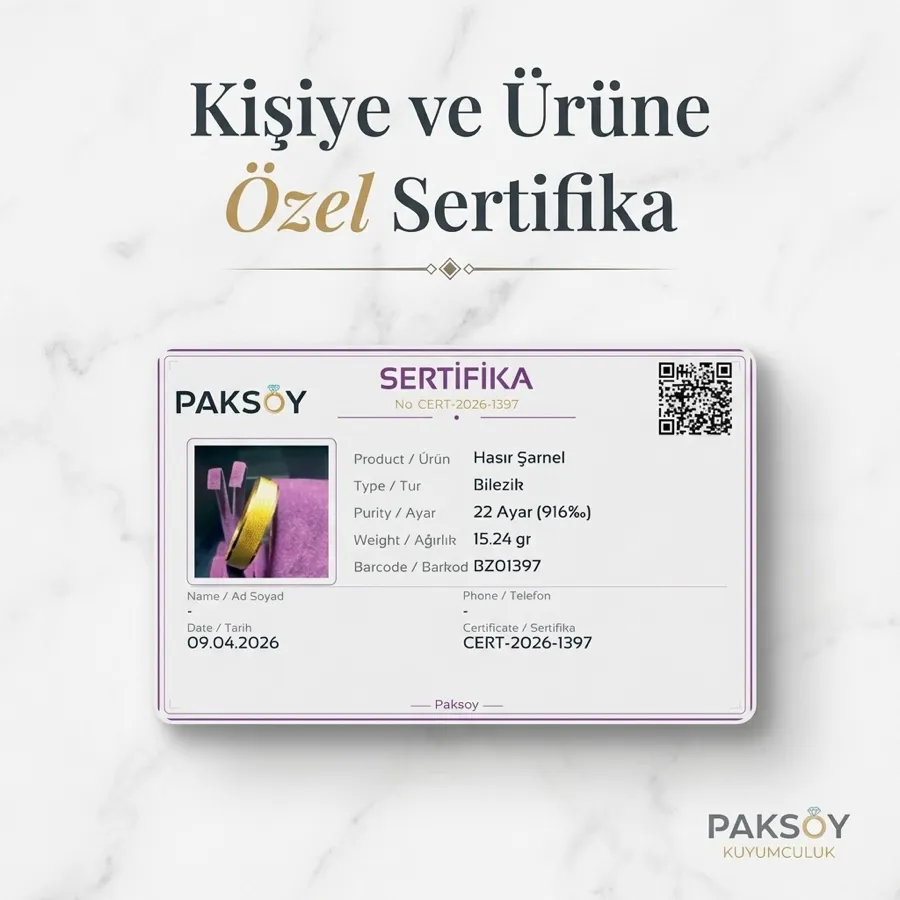 Dezy kuyumcu sertifika kartı örneği — ürün bilgisi ve QR kod