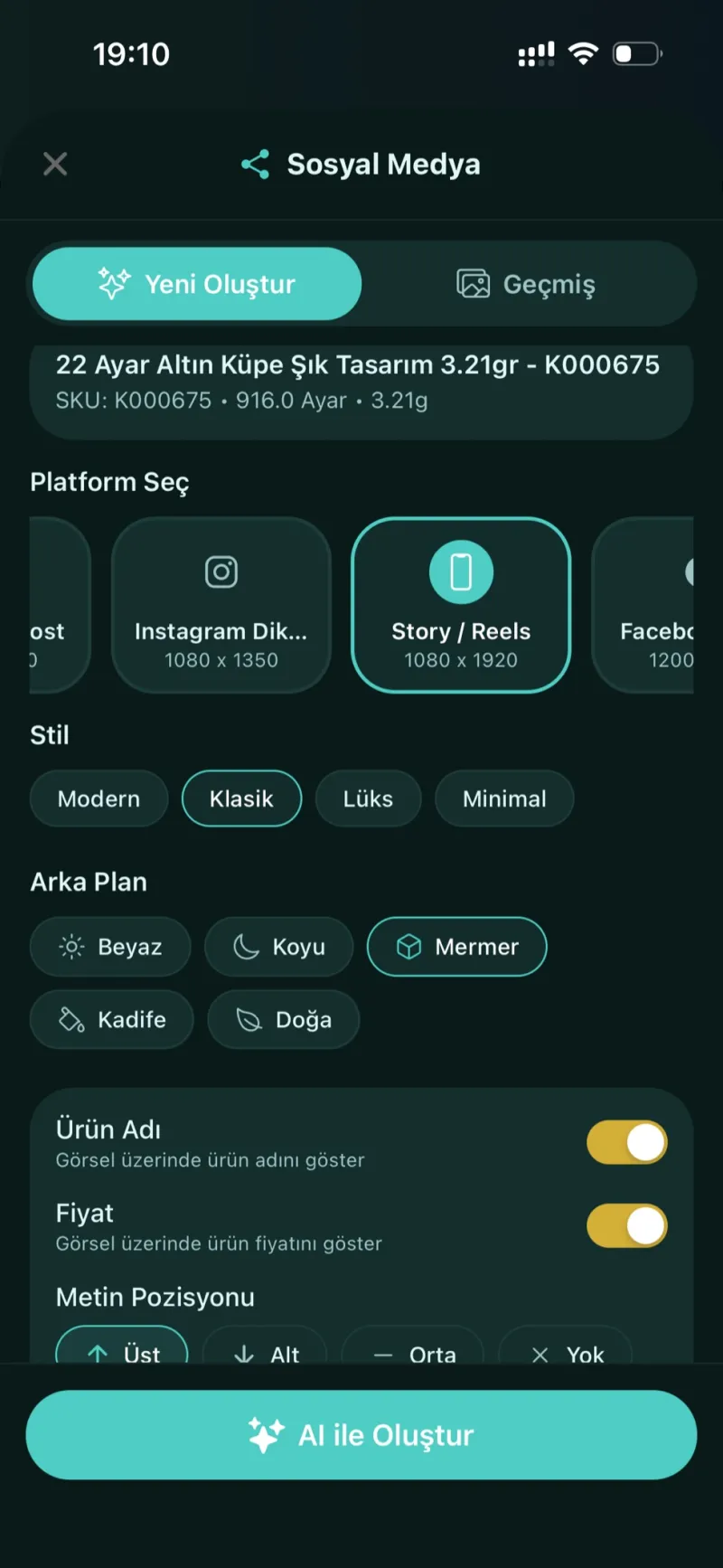 Dezy sosyal medya görsel format seçimi ekranı