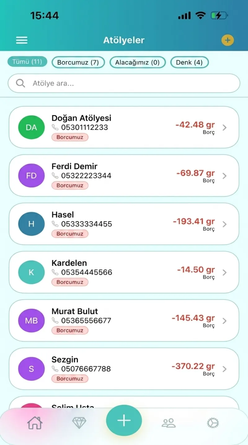 Dezy atölye listesi ekranı — cari hesaplar ve borç gram bakiyesi
