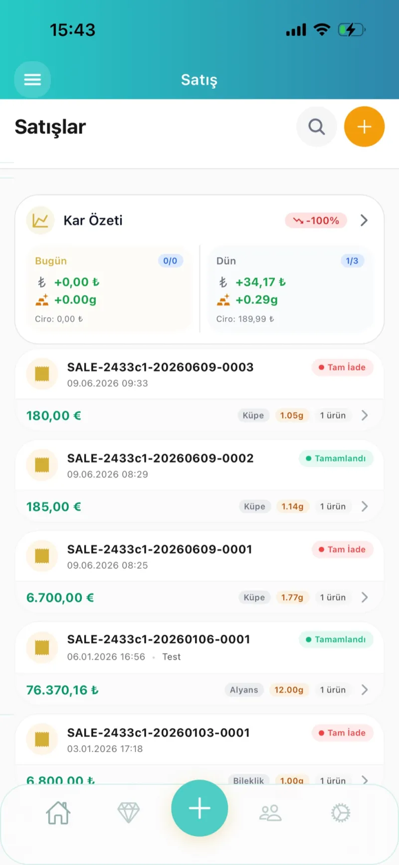 Dezy kuyumcu programı satış listesi ekranı — günlük satışlar ve tutarlar (demo hesap)
