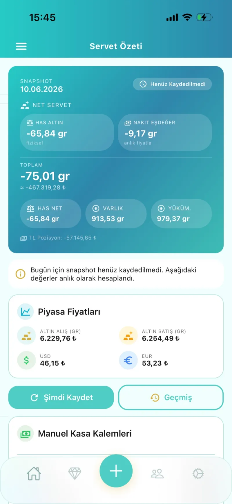 Dezy servet özeti paneli — TRY/USD/EUR has gram değerleme