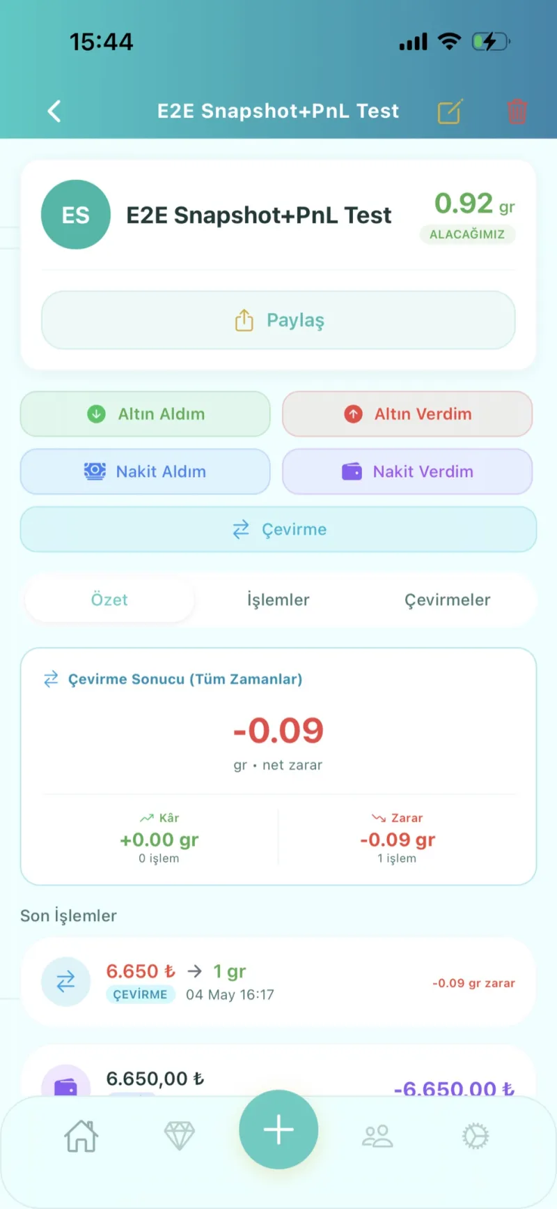 Dezy toptancı cari hesap detay ekranı — TL ve has altın bakiyesi