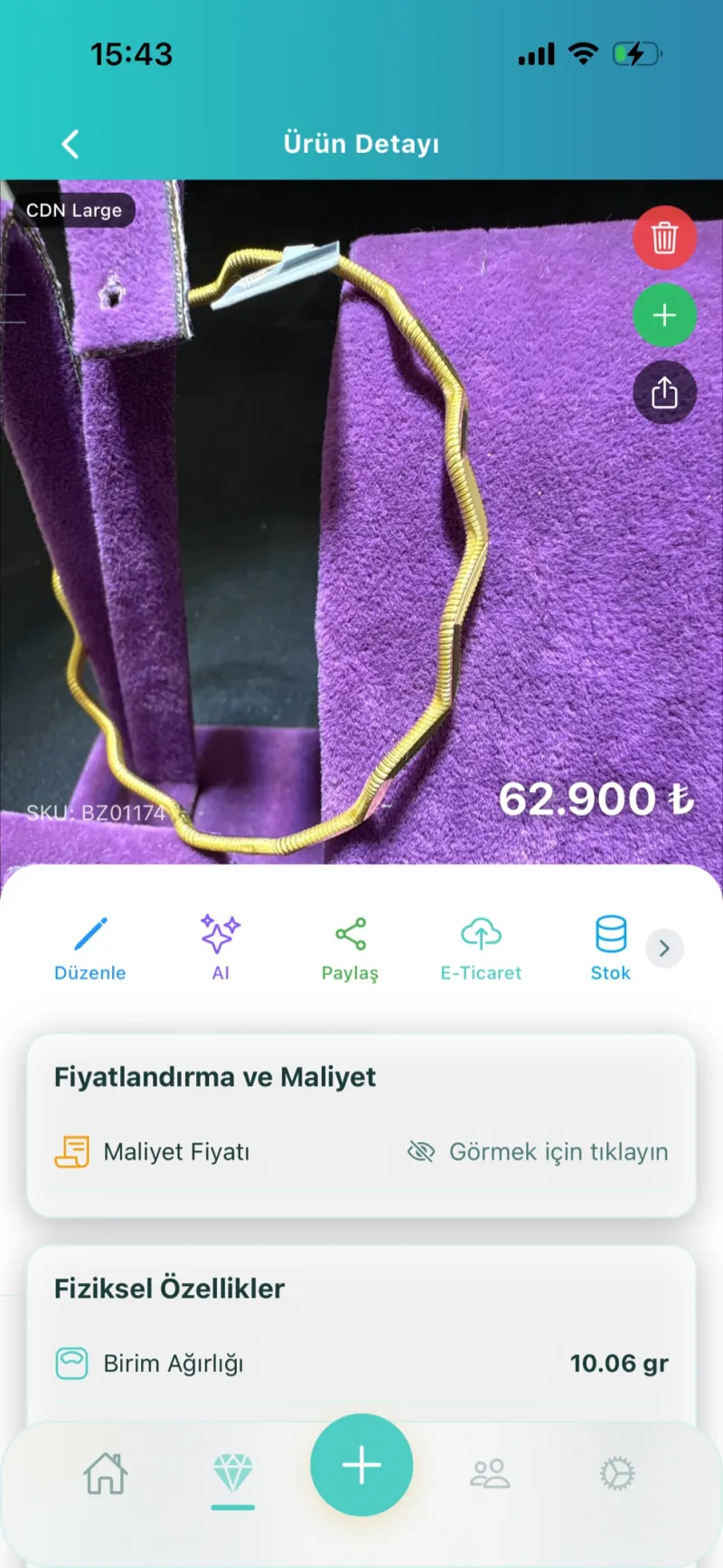 Dezy kuyumcu ürün detay ekranı — has gram, ayar, stok hareketi