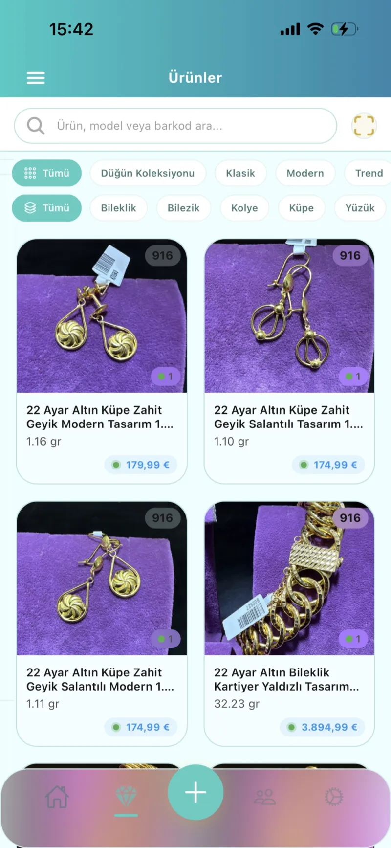 Dezy kuyumcu ürün listesi ekranı — ayar ve gram filtreli